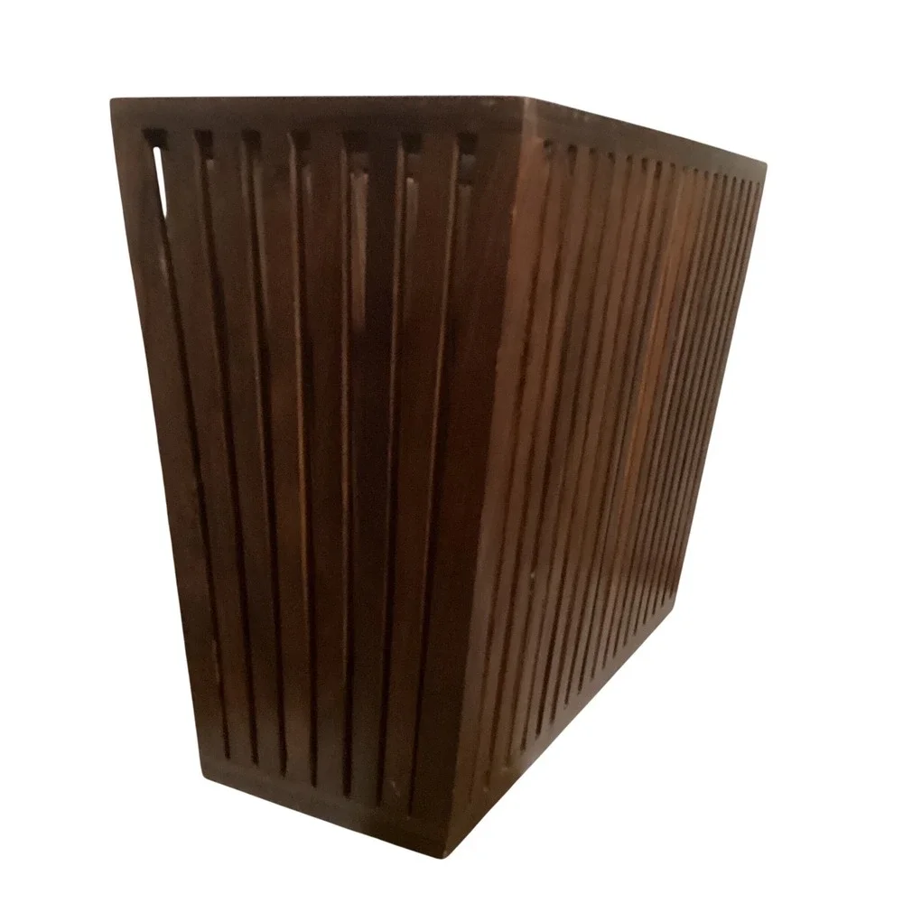 Mid Century Modern Slatted Wood Magazine Holder Floor Rack Dark Brown Heavy
